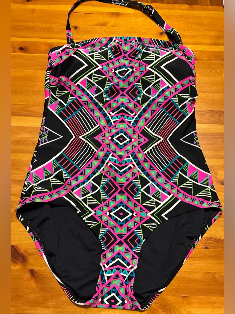 Coco Rave Black One-Piece Swimsuit with Neon Pink, Teal & White Aztec Print